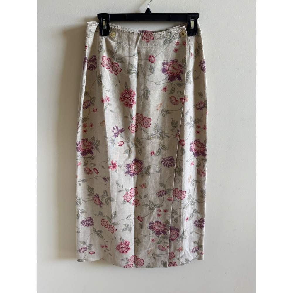 Vintage Eddie Bauer 100% Linen Floral Wrap Midi Skirt Pink Purple Womens 8